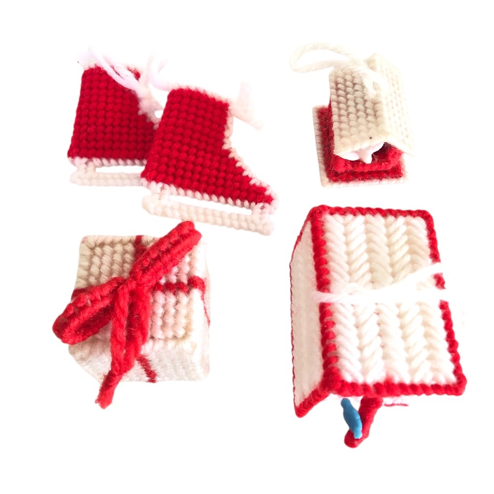 VINTAGE 70s 80s Lot of 4 Handmade Needlepoint Red White Christmas Ornaments